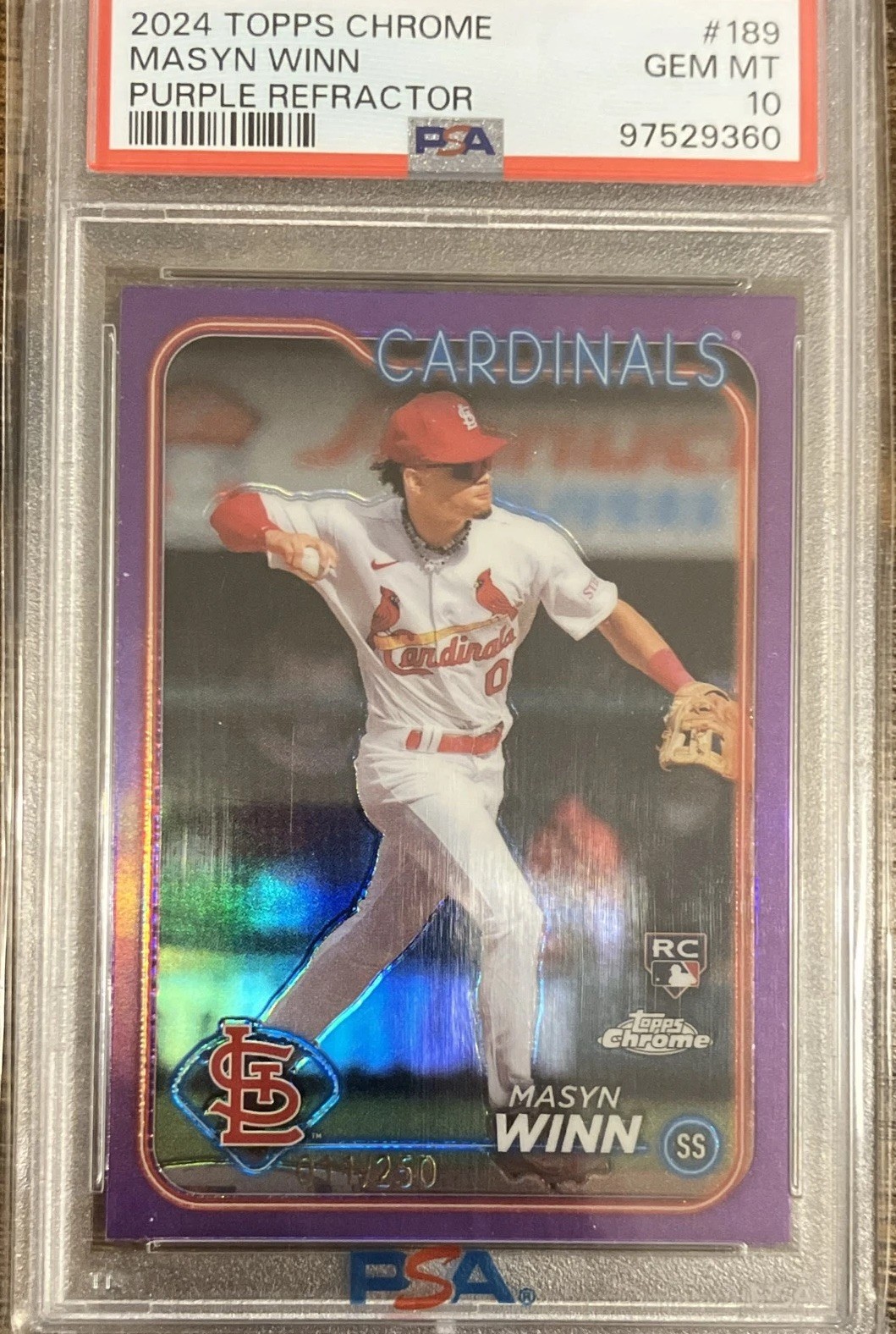 2024 Topps Chrome - Masyn Winn #189 Purple Refractor /250 (RC) PSA 10 GEM MINT