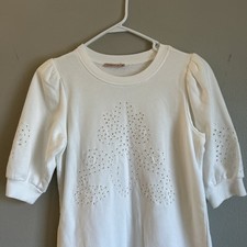 Esqualo Off White Eyelet Dress 1/2 Sleeve Ribbed Round Neck USA Size 6 Vintage