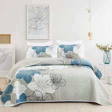3 Pieces Quilt Set King Blue Floral Pattern Quilt Coverlet Elegant Bohemian Beds