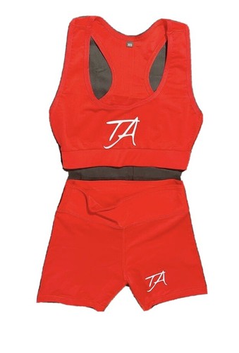 RED Women 2pcs Activewear Workout Gym Training Crop Vest Tank Shorts Outfit Set - 第 1/8 張圖片