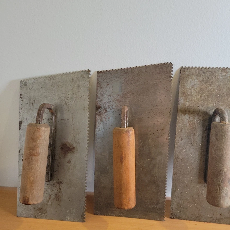 3 V-Notch Trowels and 2 Square Tile Floor Adhesive Wood Stainless Steel 8" - Image 2 of 4