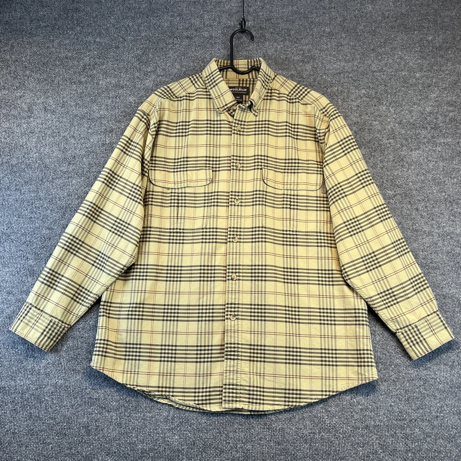 Woolrich Shirt Men Large Beige Black Long Sleeve Mid Weight Flannel Flap Pocket
