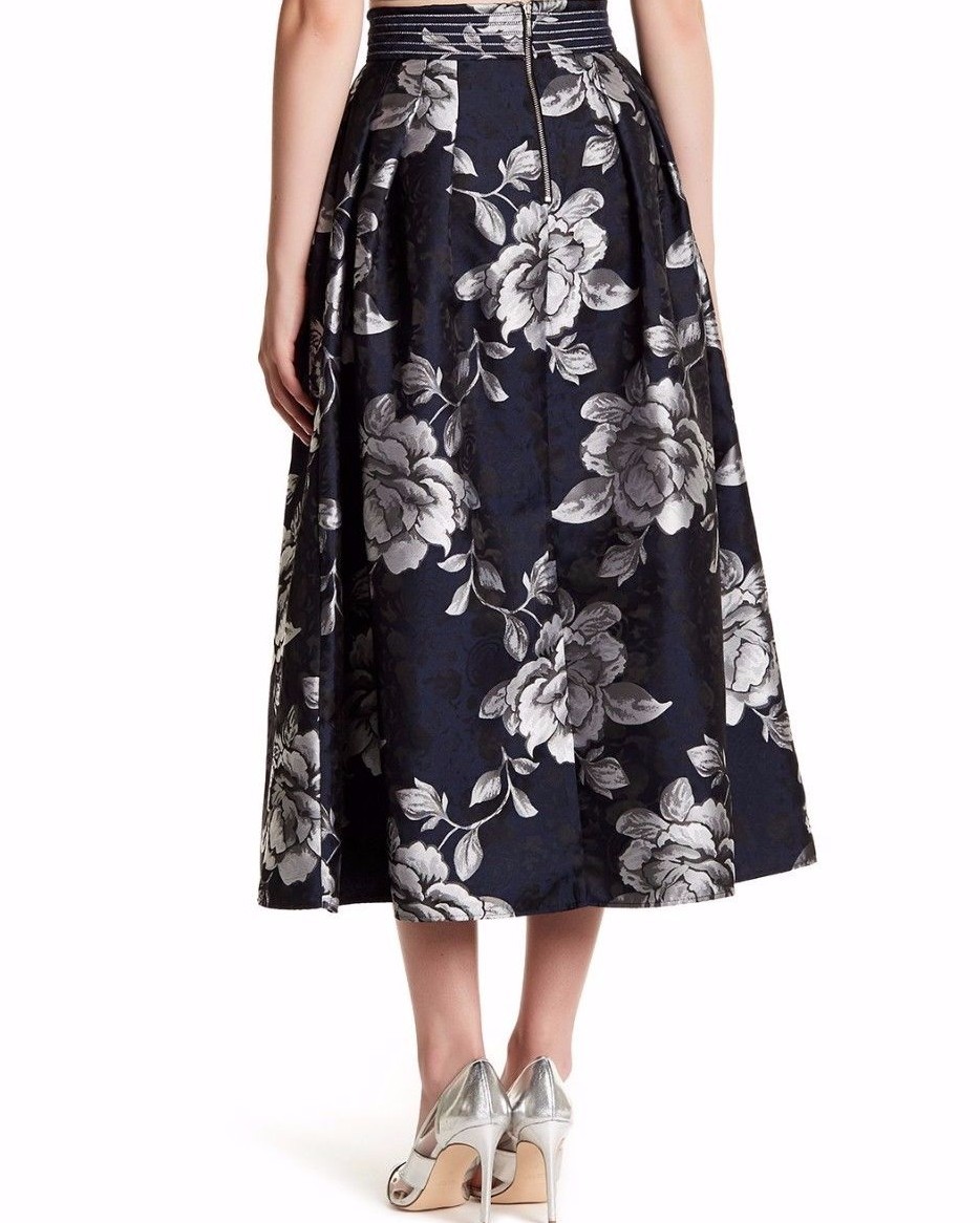 Blooming jacquard skirt(Navy)　Audire Blooming Floral Jacquard Maxi Skirt in Navy - Retro, Indie