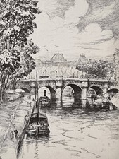 Gravure signée paysage Paris bords de Seine, Pont-Neuf, péniches Andor Szekely