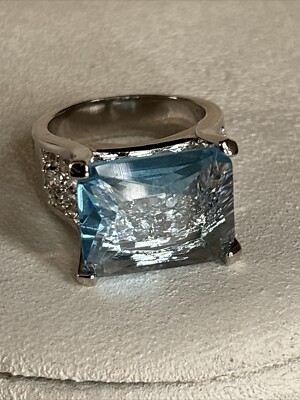 Park Lane Noelle Ring Light Blue Rectangle Accent Crystals Silver