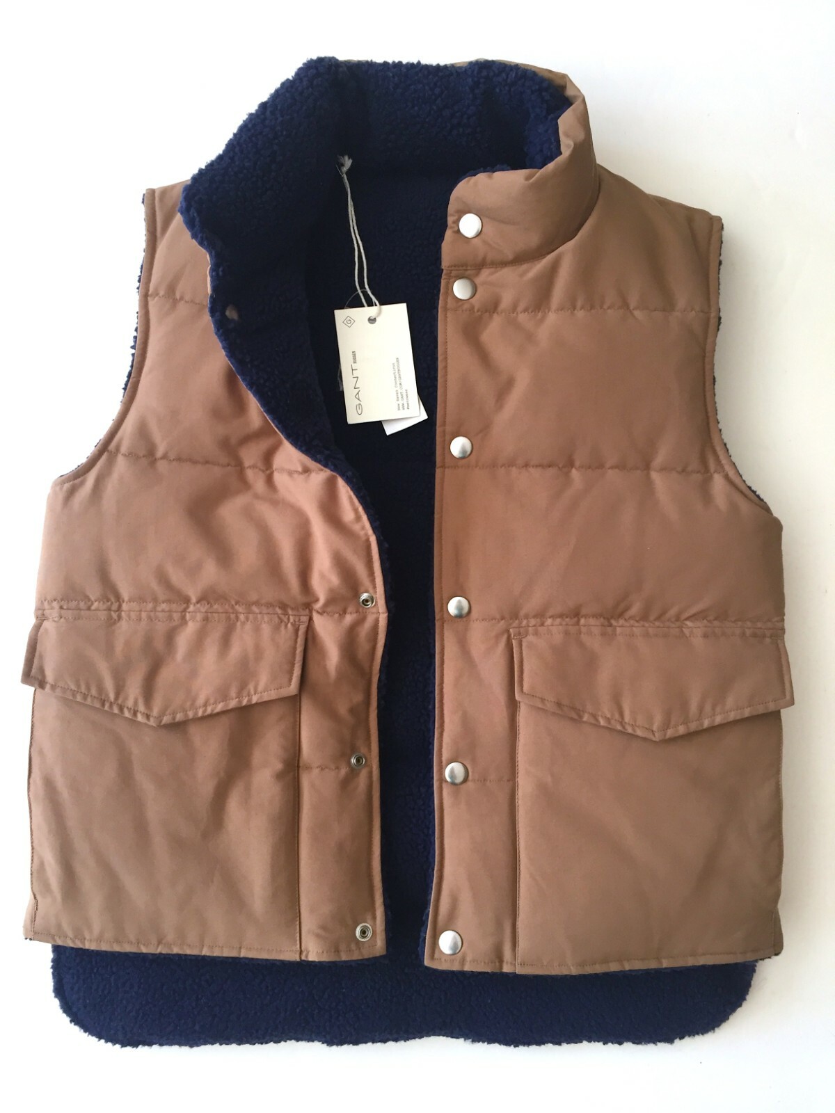 GANT RUGGER BARNEYS NY MENS KHAKI / NAVY BLUE REVERSIBLE DOWN SHERPA VEST - NWT image 6