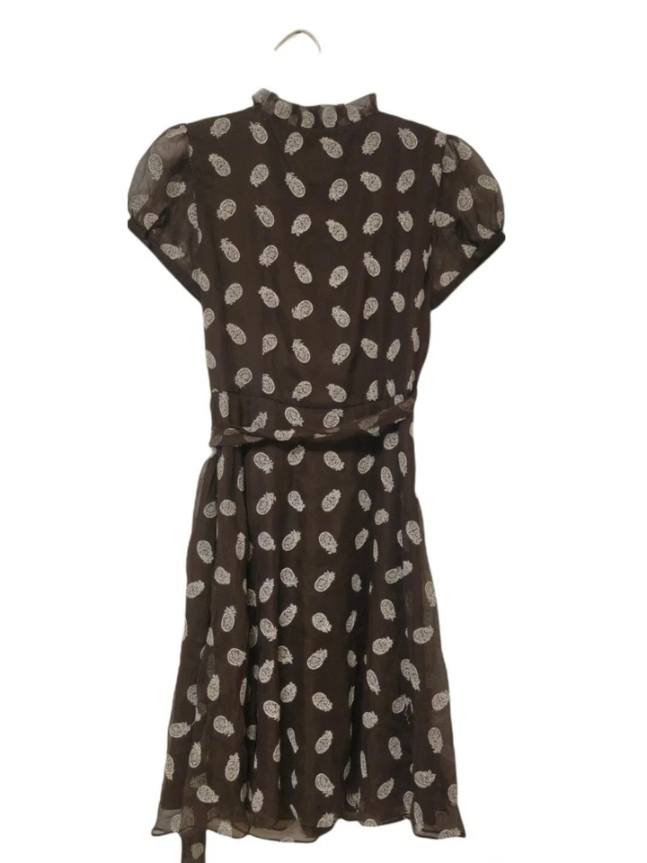 Vestido Kate Spade Piña Bordado Envolvente Marrón Seda Manga Gorra Volantes Talla 2 Foto 2 de 4