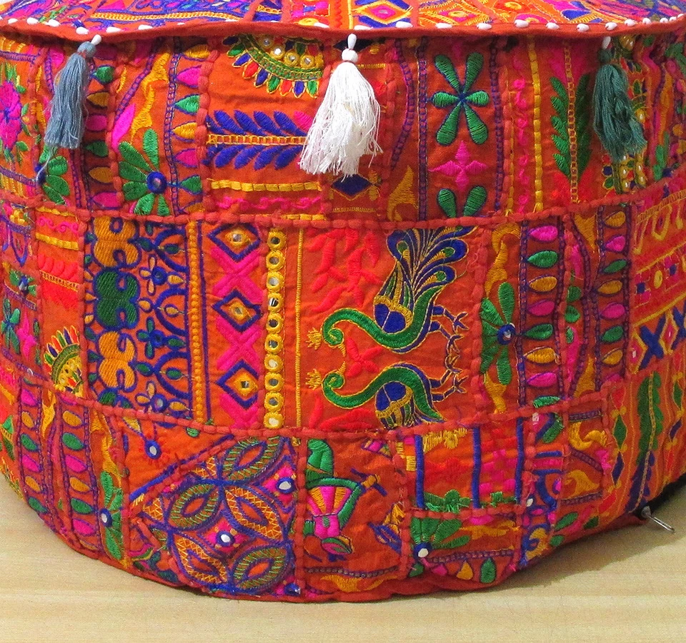 Puf de algodón redondo hecho a mano étnico indio retazos vintage con cubierta otomana de 22" Foto 2 de 4