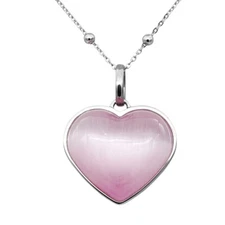 heart necklace pink cat's eye heart pendant necklace stainless steel beads chain