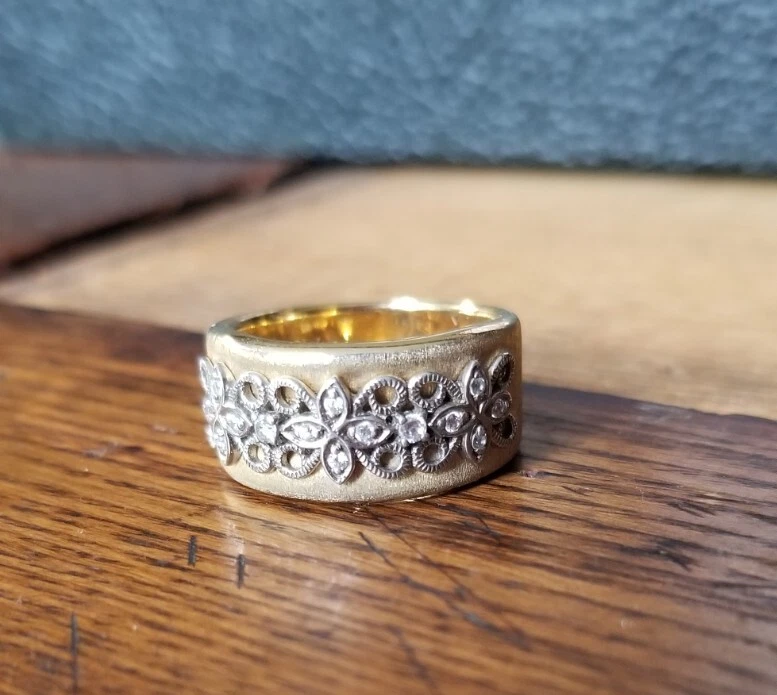 QVC Diamonique DQCZ yellow gold Sterling silver wide scroll band