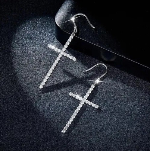 2Ct Round Lab Created Diamond Full Oversized Cross Earrings 14KWhite Gold Plated - Picture 2 of 7