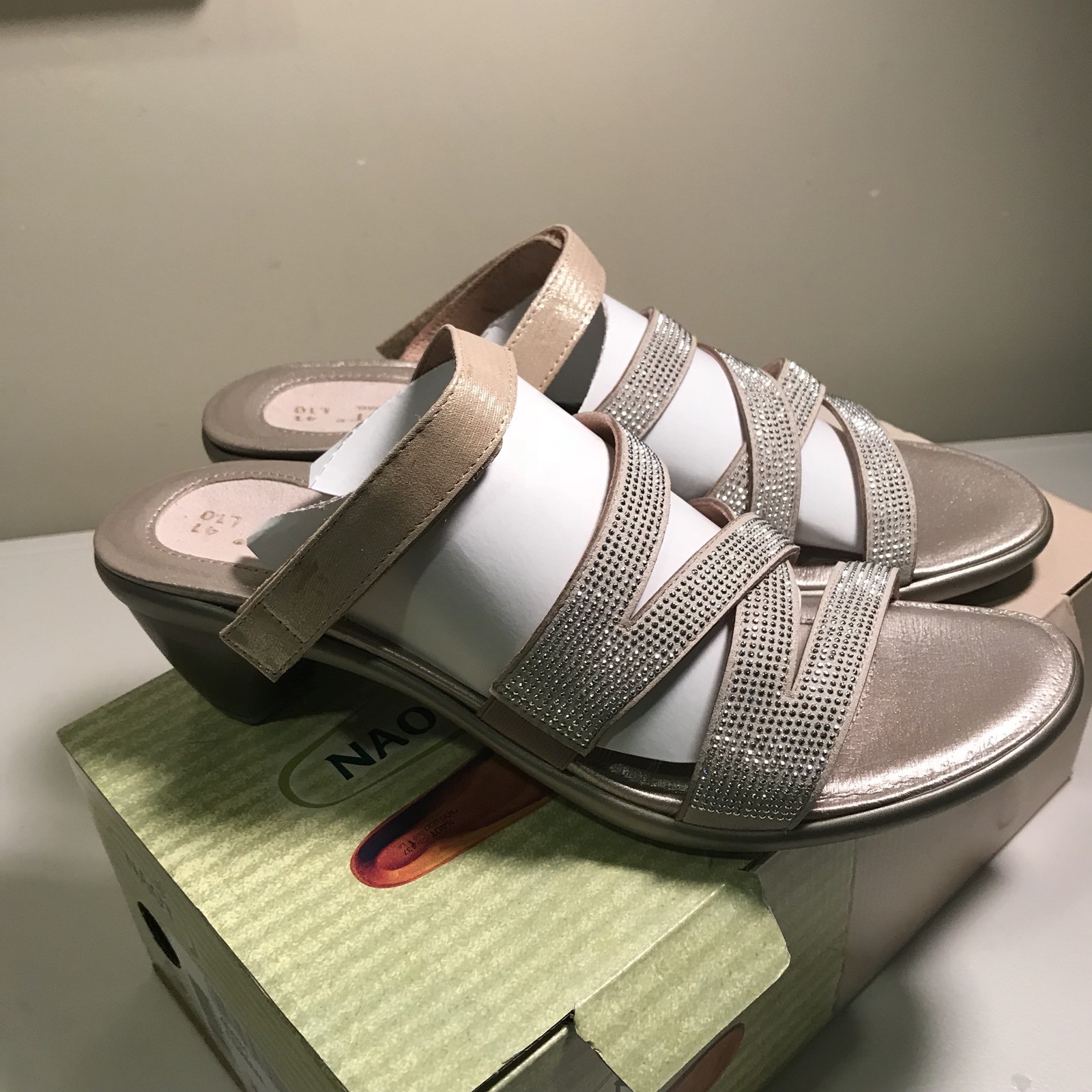 NAOT Formal Sandal Women’s Size 41 US 10 gold Threads Silver Rivets NEW IN BOX NAOT Formal Sandal Women’s Size 41 US 10 gold Threads Silver Rivets NEW IN BOX