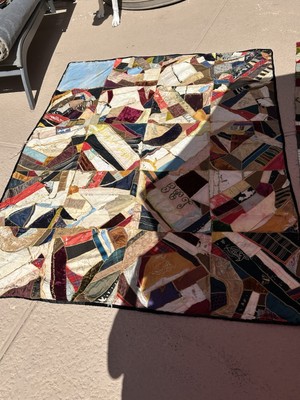 Antique Crazy Quilt 1893 70x57 Handmade Silk and Velvet with Blue Backing