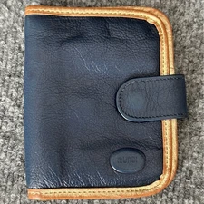 Vintage Mundi Wallet Medium Navy Gold Trim Leather 80s Brazil Bifold
