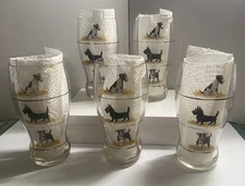 Set of 5 Vintage Drinking Glasses with Hand Painted Dogs Made In Japan 6" Tall