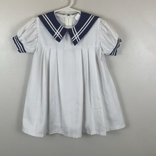 Vintage Sailor Dress Girls 4 White With Navy Trim Made In Usa Retro Nautical