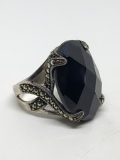 Sterling Silver 925 Marcasite Faceted Oval Black Onyx Cocktail Ring Size 7
