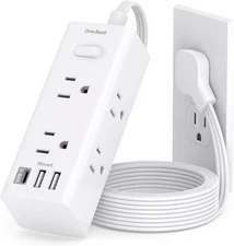 3Ft Extension Cord with Multiple Outlets, Flat Plug Power Strip Surge Protector