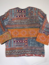 Vintage Hmong Style Embroidered Jacket Boho Ethnic Artisan Indigo Print XL