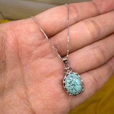 925 Sterling Silver Necklace 10x7mm Natural Turquoise Gemstone Pendant Jewelry
