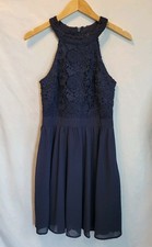 Lulus Lovers Game Navy Blue Lace Top Skater Dress Sz Small Crochet Lace Bodice