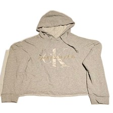 Calvin Klein Women's Hoodie CK Logo Crop Top Sweatshirt Camo Size L GREY GRAY