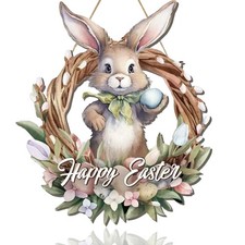 Easter Wreaths for Front Door Bunny Welcome Wood Sign Decor Door Hanger Sprin...