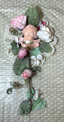 Shabby Chic Decor Terra Cotta Cherub Angel Floral Arrangement Rose Swag