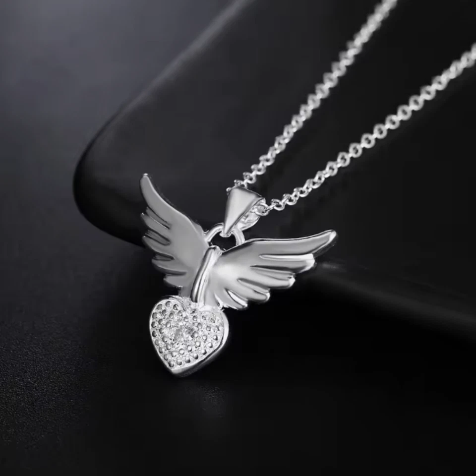 moderne Halskette Engelsflügel mit Herz Strasssteinen Kette 925 Sterlingsilber - Bild 4 von 4