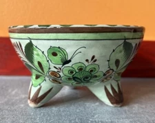 Vintage Mexican Footed Bowl Tonala Ceramic Ornate Floral Pottery Mexico Green