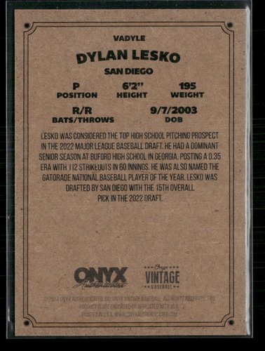Dylan Lesko 2024 Onyx Vintage Blue Ink Auto - Picture 2 of 2