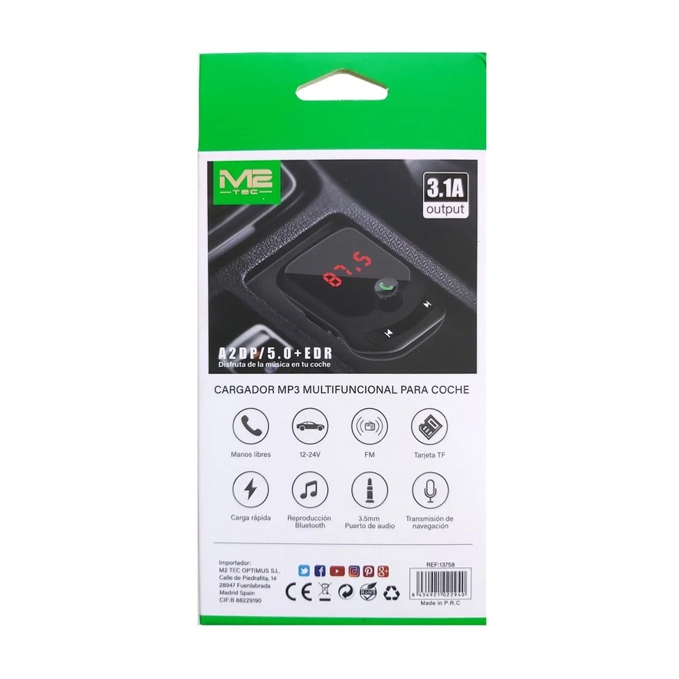 REPRODUCTOR TRANSMISOR FM 3.1A COCHE MECHERO BLUETOOTH MP3 TF 2 x USB Jack 3.5mm - Imagen 2 de 2