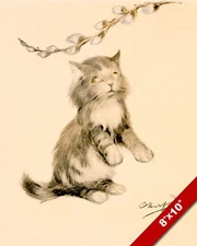 PUSSY WILLOW TREE BRANCH & KITTEN CURIOUS CAT ART PAINTING PRINT ON REAL CANVAS