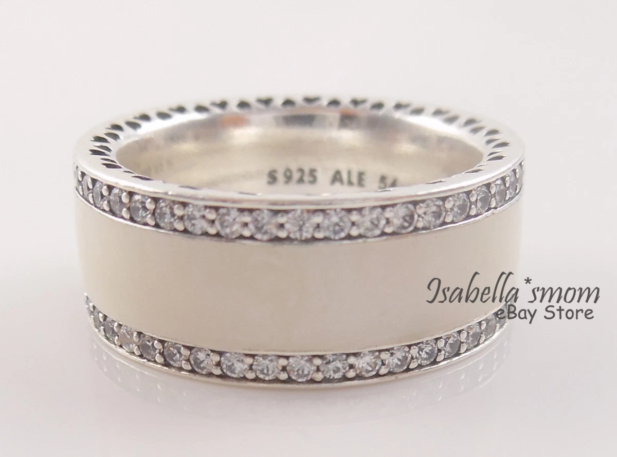 Genuine HEARTS OF PANDORA Silver White Enamel WIDE BAND Ring 5 50