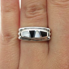 925 Sterling Silver Vintage Mother-of-Pearl Black Onyx Gemstone Ring Size 6