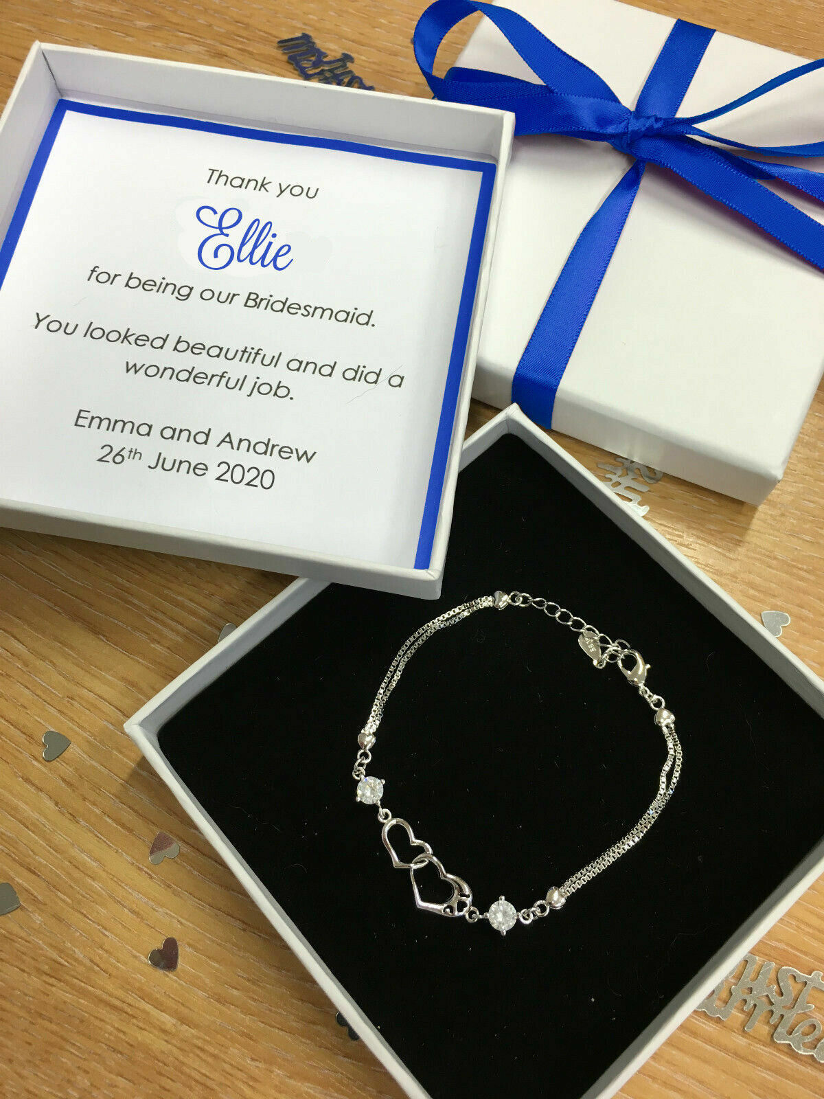 Personalised Thank You Bracelet Royal Blue Bridesmaid Maid of Honour Favour Box