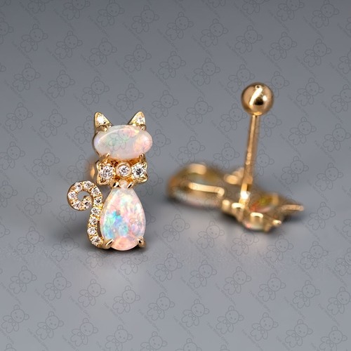 Kitten Cat Australian Opal Diamond Screw Back Stud Earrings 18K Yellow Gold - Picture 4 of 6