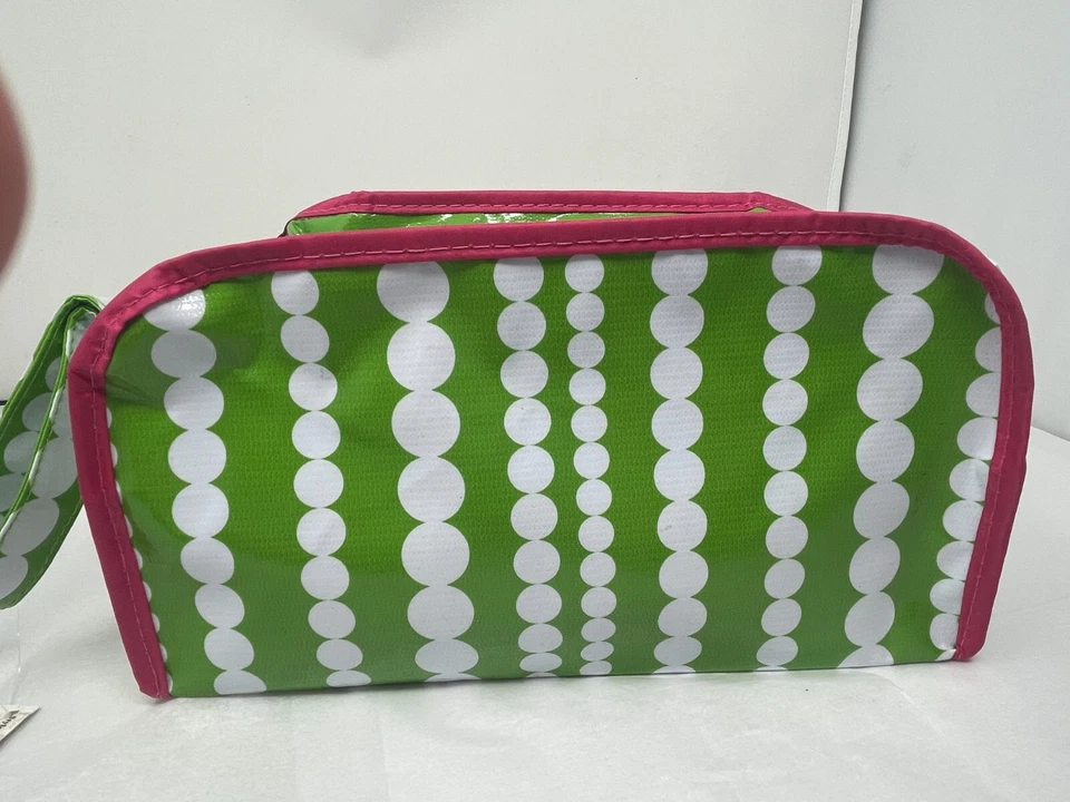 New MSC Mainstreet Collections Cosmetic Bag Case Lime Green Polka Dot Pink PVC - Image 2 of 4