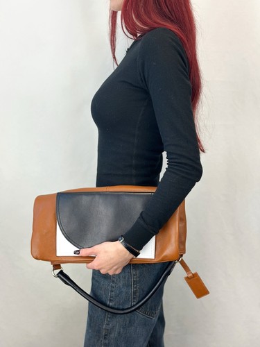 RARE MAX MARA Leather Flat Tote Shoulder Bag Crossbody Large Brown Black White L - Picture 11 of 13