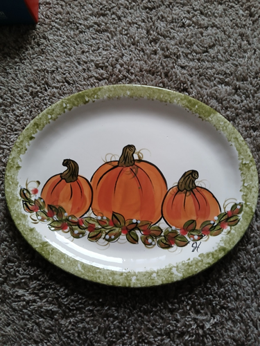Bellissimo piatto ovale zucca ceramica Jan Heidel nuovo fatto a mano dipinto a mano