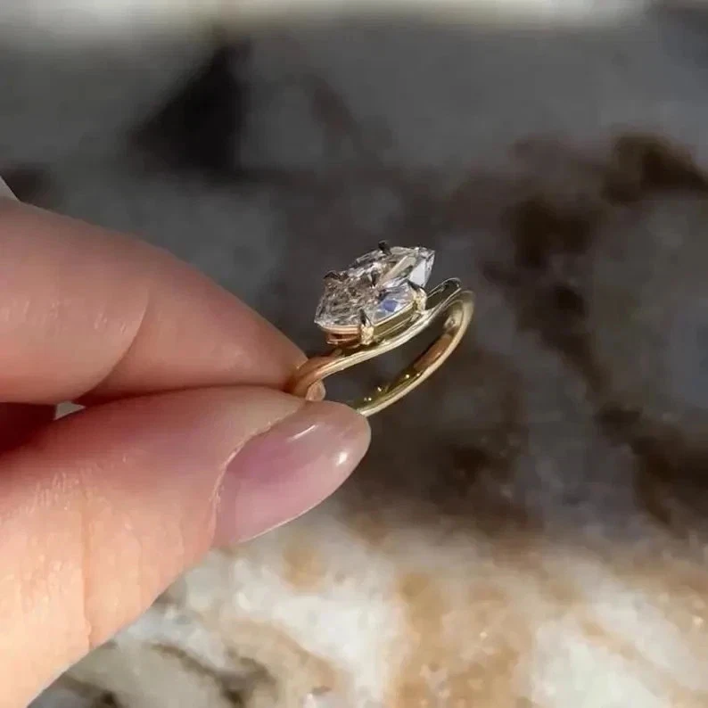 Vintage 1.50CT Marquise Moissanite East West Wedding Ring Solid 14k Yellow Gold - Image 2 of 4