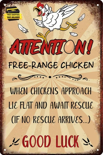 Retro Funny Chicken Tin Sign,Vintage Chicken Coop Metal Poster, Farm Free-Range