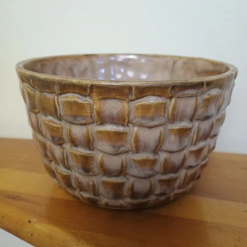 Vintage Mccoy 1605 Basket Weave Brown 6" Round Planter USA