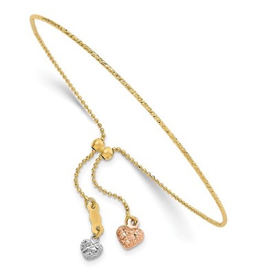 14K dreifarbiger Diamantschliff Herz baumelt Halb Armreif verstellbar Armband