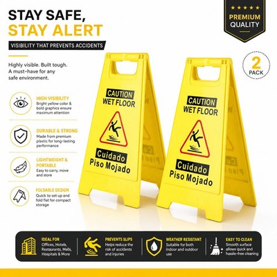Heavy Duty Wet Floor Sign Foldable Bilingual Yellow A-Frame Safety Warning