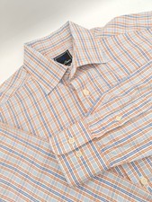 🇺🇲 David Donahue Mens Trim Fit Dress Shirt 16.5x35 Orange Blue Plaid