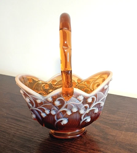 Fenton Lily of the Valley Cameo Opalescent Handled Basket YOP 1980-82