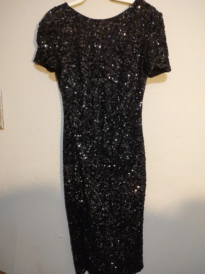 Vestido The Population Natasha Negro Lentejuelas Vaina Midi Vestido de Cóctel, Talla XL Foto 3 de 4