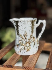 Victorian Era White Porcelain Pitcher W/Gold Floral Accents - Small