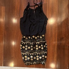 Windsor Black Gold Sequin Halter Sleeveless Mini Bodycon Dress Size S